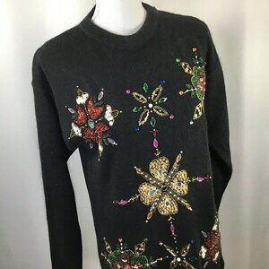 Vintage Sequined Beaded Sweater Silk Angora Blend Holiday Christmas Ugly Cute